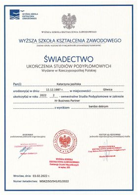 Świadectwo ukończenia studiów podyplomowych